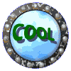 Six circular icons arranged in two of three, each displaying the word "COOL" in green text on a light blue background with a metallic border