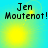 Pixelated text 'Jen Moutenot!' appears in four quadrants over a blue-to-yellow gradient background with animated yellow light effects.