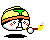 Pixelated cartoon character with yellow helmet and green stripe, holding a pipe, displaying multiple facial expressions