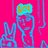 Pixelated blue cartoon figures on a bright pink background, each making a peace sign with one hand and displaying orange text above their heads.