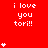 Red background with repeated white text 'i love you tori!!' and varying heart counts in vertical