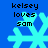 Blue background with cyan snowflake icons and black text reading "kelsey loves sam" in four quadrants.