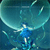 A pixelated figure in a blue dress stands with arms outstretched beneath a large curved teal structure, surrounded by scattered light blue fragments against a dark blue background.