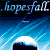 A repeating pattern of snow-capped hills on a blue striped background with '.hopesfall.' text in a dark band above each
