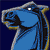 Pixelated blue dolphin head with white eye, gray and yellow accents, dark blue background, static image.