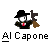 Pixel art buddy icon of a character in black attire with red tie holding a brown object, below which is pixelated text reading "Al Capone" on gray background.