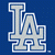 Pixelated blue and white stylized 'LA' monogram on solid dark blue background, with light gray fill and white outline.