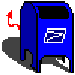 Blue mailbox with white postal symbol, black top section showing two crescent moon eyes, red curved arrow on left side, gray background shadow.