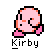 Three pixel-art Kirby icons with pink bodies, black outlines, and orange accents on a gray background; each displays 'Kirby' text below.