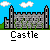 Pixelated castle scene with stone walls, blue sky, clouds, and repeated 'Castle' text below each frame.