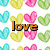 Pixelated heart pattern with three distinct 'love' text variations in orange, red, and purple over a white background.