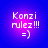 Four identical pixelated icons display 'Konzi rulez!!! =)' text on a blue-purple gradient background with varying color intensity.