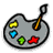 Pixelated gray artist palette with black outline holding four colored paint swatches and a brush, static image.