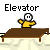 Pixelated character in yellow shirt at brown table, transitioning from waving to sitting and disappearing with 'Elevator' text above.
