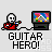 Pixel art animation of a red-shirted figure playing guitar next to a monitor displaying colorful abstract shapes, with "GUITAR HERO!" text below.