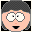 Pixelated cartoon face with peach skin, dark gray hair, and black mouth showing three distinct eye states: wide open, squinted closed, and partially closed.