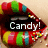 A mouth with candy-colored lips and sprinkles displays changing text: "Candy!", then "Muwa!", then "Crazy!".