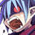 Pixelated 256x256 static image of a character with light blue hair holding a white bowl containing brown food, featuring a red circular mark on the forehead and purple background elements.