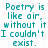 Text-based icon displays repeated teal pixelated phrase 'Poetry is like air, without it I couldn't exist.' on white background with faint pink accents.