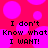 Pixelated text on a pink and red polka-dot background with no visible motion.