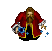 Pixel art animation of a bearded figure in red robe casting blue magical effects with staff, showing spellcasting sequence from idle to impact.