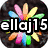 A static buddy icon with a black circular background featuring a colorful flower-like pattern and the text 'ellaj15' in white.