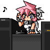Pixel art character with pink hair and white ears stands behind a DJ booth, holding headphones to one ear while musical notes float around.