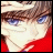 Pixelated anime-style character face with brown hair and blue eyes, wearing red clothing, next to stylized text on black background.