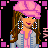 Animated contact sheet of a pixel-art character with pink beret, blue jacket, and long brown hair performing various poses against black background with pink grid border.