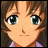 Pixelated anime-style face with brown hair and green eyes, next to stylized text on black background.