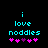 Cyan text 'i love noodles' with pink and purple heart symbols on black background, showing animation of hearts shifting positions
