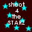 Dark brown background with scattered cyan stars and repeated white text reading 'shoot 4 the STARZ' in pixelated font.