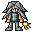 Pixel art character with long gray hair, blue and white checkered shirt, orange arms, pink shoulder accents, holding yellow-green object against light gray background.