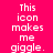 A static image with bright pink background and white text reading "This icon makes me giggle." with green rectangular overlays on different text segments.