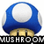 Two pixelated mushroom-shaped icons with text labels below each, one blue and white labeled 'MUSHROOM', the other striped brown and yellow labeled 'LAND!'