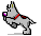 Pixelated dog with purple eyes and red collar in six sequential poses showing movement across a gray background.