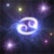 Pixelated static image of a spiral galaxy with multiple stars against dark space background, rendered in blue and purple hues with white highlights.