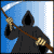 Pixelated figure in black hooded robe holding scythe against blue and white background with visible pixelation.