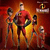 Animated scene featuring five characters in red and yellow costumes against a fiery background with a glowing 'i' symbol on the right.