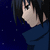 A pixelated character with dark hair and blue clothing holds a hand near their face against a dark blue background with white speckles.