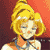 Pixelated image of a character with blonde hair styled in a high bun, closed eyes, and a neutral expression against a gradient background.