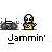 Animated contact sheet of a pixel art buddy icon showing a stick figure with a boombox across 12 frames arranged in a 4x3 grid on gray background.