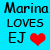 Pixelated text on cyan background reads 'Marina LOVES EJ' with red heart symbol to right of 'EJ'.