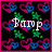 Pixelated icon with pink border, black background patterned with blue and magenta hearts, green stars, and changing white text.