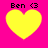 Four yellow heart shapes on a bright pink background, each with black text 'Ben <3' above them.