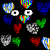 Pixelated heart-shaped icons in various colors and patterns surround green text on a black background, with one gray visible