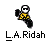 Pixelated character in black and yellow attire holding a black object, with text 'L.A. Ridah' below on gray background.