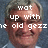 Two side-by-side pixelated images of a man with gray hair and mustache, each overlaid with white text on a blue background.