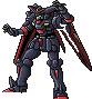 Pixel art of a dark gray mecha with red accents and green eyes, shown in three poses against light gray background.
