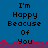 Blue background with red and purple pixelated wave border; repeated text "I'm Happy Beacuse Of You" in black blocky font across two